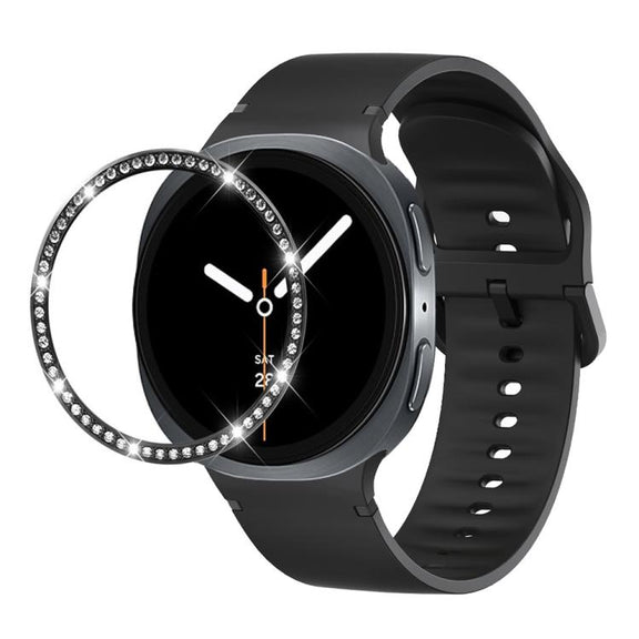 For Samsung Galaxy Watch8 40mm Diamond Bezel and Solid Color Stitched Silicone Watch Band(Black Black)
