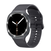 For Samsung Galaxy Watch8 40mm Diamond Bezel and Solid Color Stitched Silicone Watch Band(Dark Gray Black)