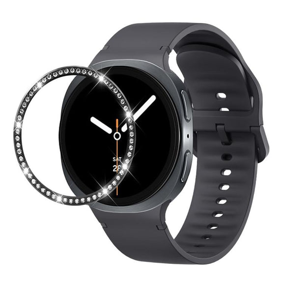 For Samsung Galaxy Watch8 40mm Diamond Bezel and Solid Color Stitched Silicone Watch Band(Dark Gray Black)