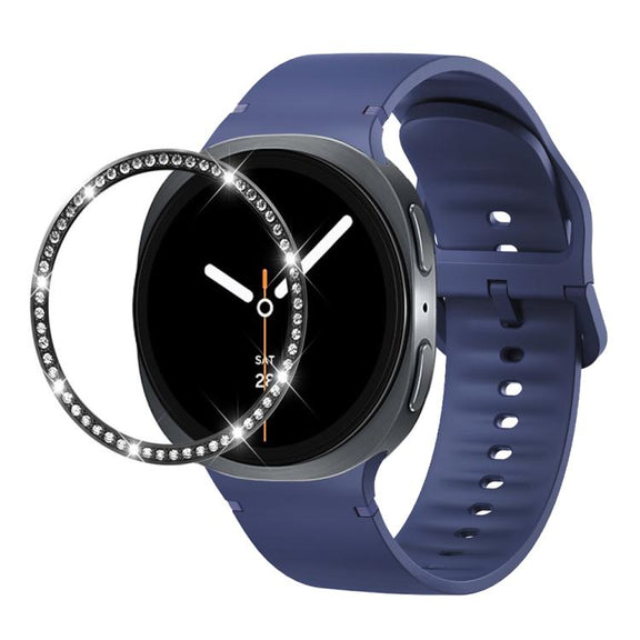For Samsung Galaxy Watch8 40mm Diamond Bezel and Solid Color Stitched Silicone Watch Band(Midnight Blue Black)