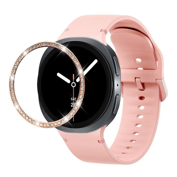 For Samsung Galaxy Watch8 40mm Diamond Bezel and Solid Color Stitched Silicone Watch Band(Pink Rose Gold)