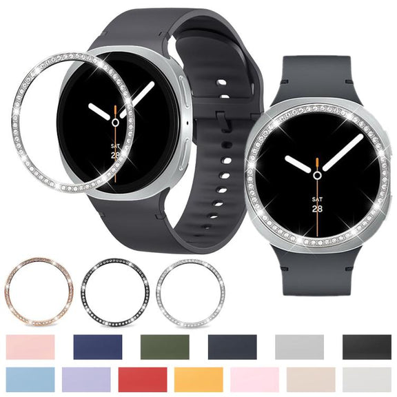 For Samsung Galaxy Watch8 44mm Diamond Bezel and Solid Color Stitched Silicone Watch Band(Midnight Blue Black)