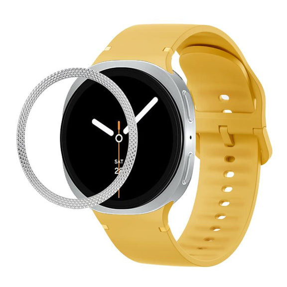 For Samsung Galaxy Watch8 40mm Rhombic Texture Bezel and Solid Color Stitched Silicone Watch Band(Official Yellow Silver)