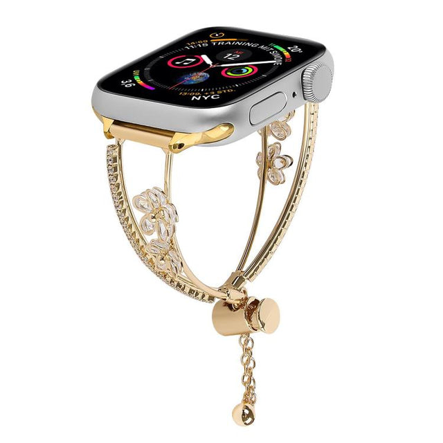 For Apple Watch 46mm / 49mm / 45mm / 44mm Copper-Inlaid Zircon 5-petal Flower Bracelet Watch Band(Gold)