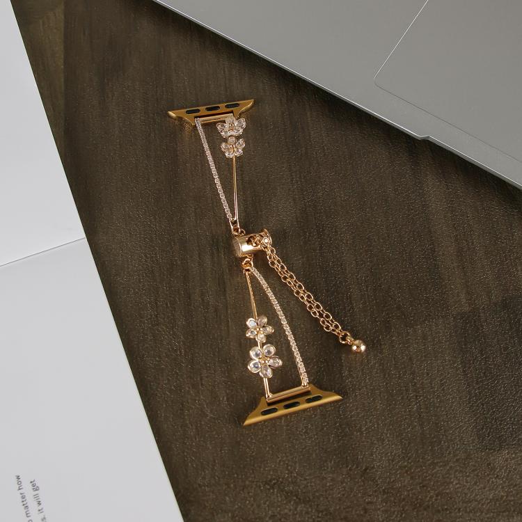 For Apple Watch 42mm / 41mm / 40mm / 38mm Copper-Inlaid Zircon 5-petal Flower Bracelet Watch Band(Gold)