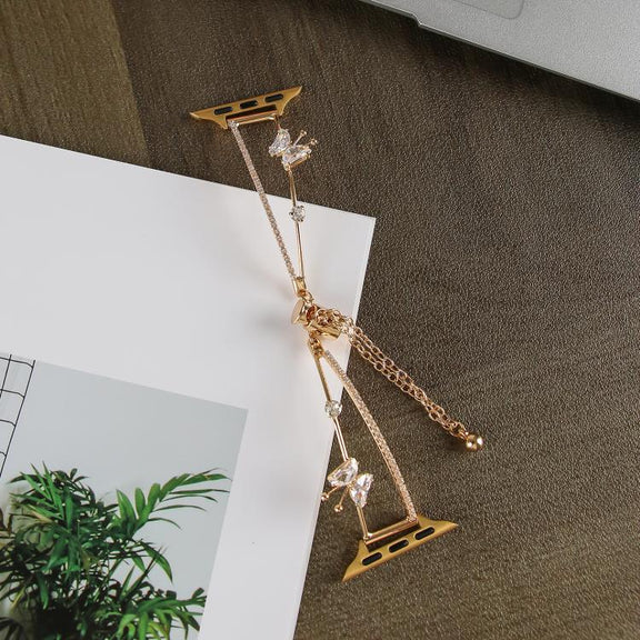 For Apple Watch 46mm / 49mm / 45mm / 44mm Copper-Inlaid Butterfly Zircon Bracelet Watch Band(Gold)