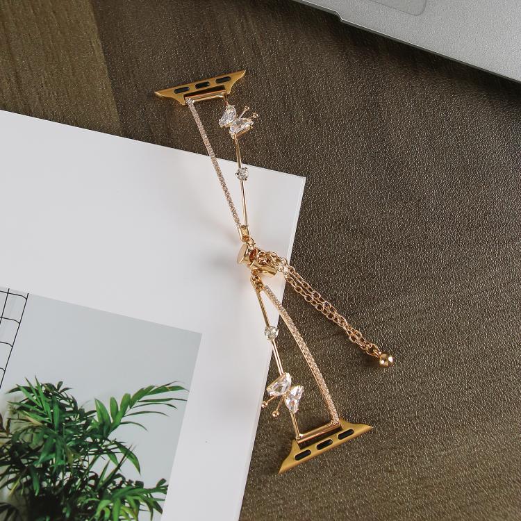 For Apple Watch 46mm / 49mm / 45mm / 44mm Copper-Inlaid Butterfly Zircon Bracelet Watch Band(Gold)