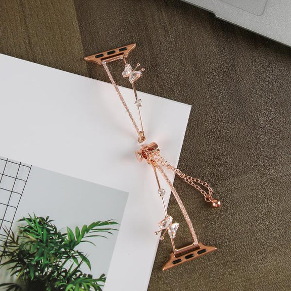 For Apple Watch 46mm / 49mm / 45mm / 44mm Copper-Inlaid Butterfly Zircon Bracelet Watch Band(Rose Gold)