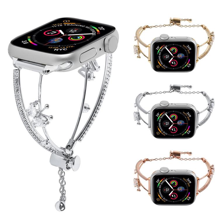 For Apple Watch 42mm / 41mm / 40mm / 38mm Copper-Inlaid Butterfly Zircon Bracelet Watch Band(Siver)