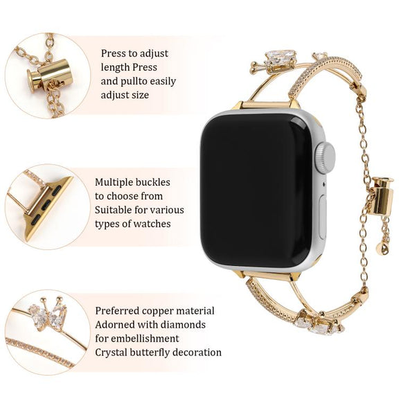 For Apple Watch 46mm / 49mm / 45mm / 44mm Copper-Inlaid Butterfly Zircon Bracelet Watch Band(Gold)