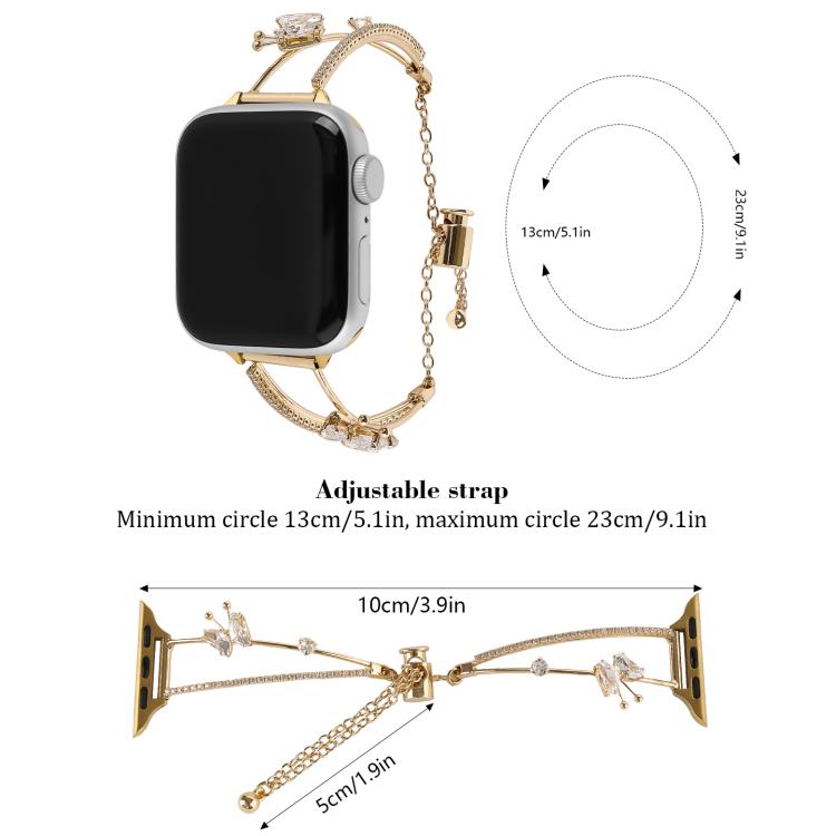 For Apple Watch 46mm / 49mm / 45mm / 44mm Copper-Inlaid Butterfly Zircon Bracelet Watch Band(Gold)