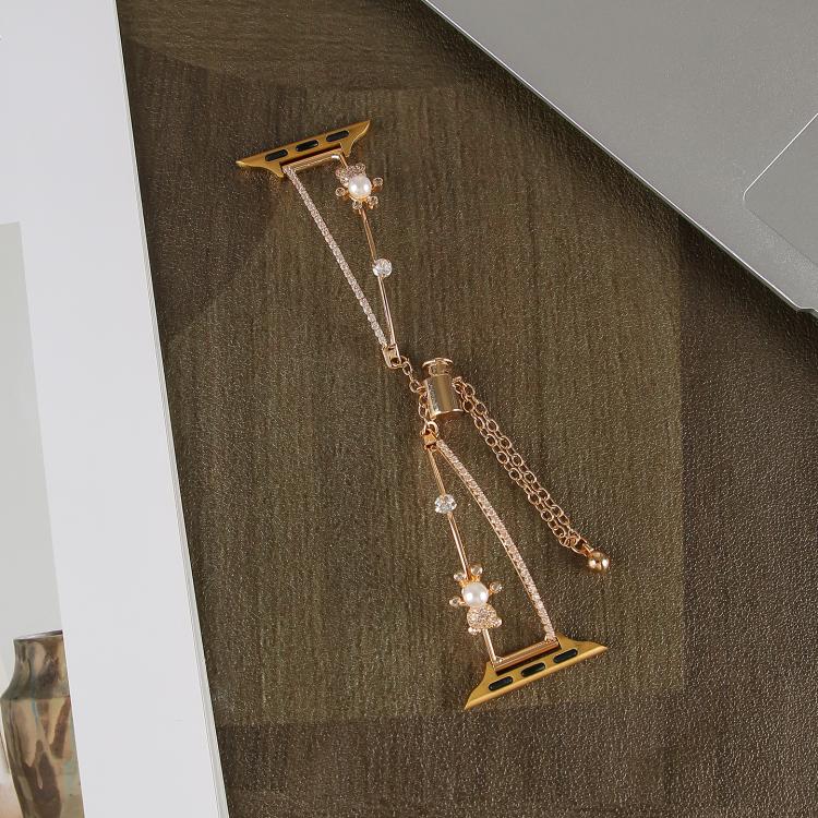 For Apple Watch 46mm / 49mm / 45mm / 44mm Copper-Inlaid Bear Zircon Bracelet Watch Band(Gold)