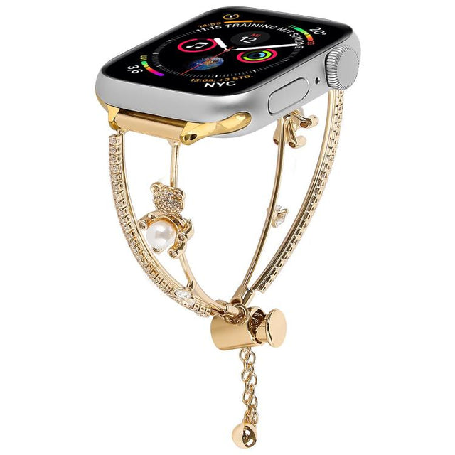 For Apple Watch 42mm / 41mm / 40mm / 38mm Copper-Inlaid Bear Zircon Bracelet Watch Band(Gold)