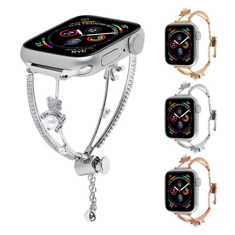 For Apple Watch 46mm / 49mm / 45mm / 44mm Copper-Inlaid Bear Zircon Bracelet Watch Band(Siver)