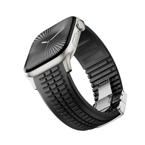 For Apple Watch 46mm / 49mm / 45mm / 44mm Knurled Texture Folding Buckle Silicone Watch Band(Titanium Black)