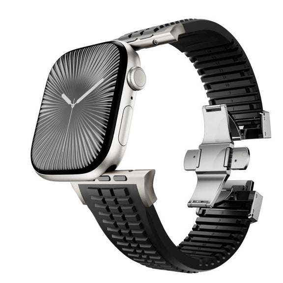 For Apple Watch 46mm / 49mm / 45mm / 44mm Knurled Texture Folding Buckle Silicone Watch Band(Titanium Black)