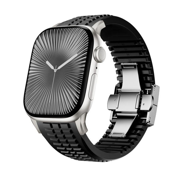 For Apple Watch 46mm / 49mm / 45mm / 44mm Knurled Texture Folding Buckle Silicone Watch Band(Titanium Black)