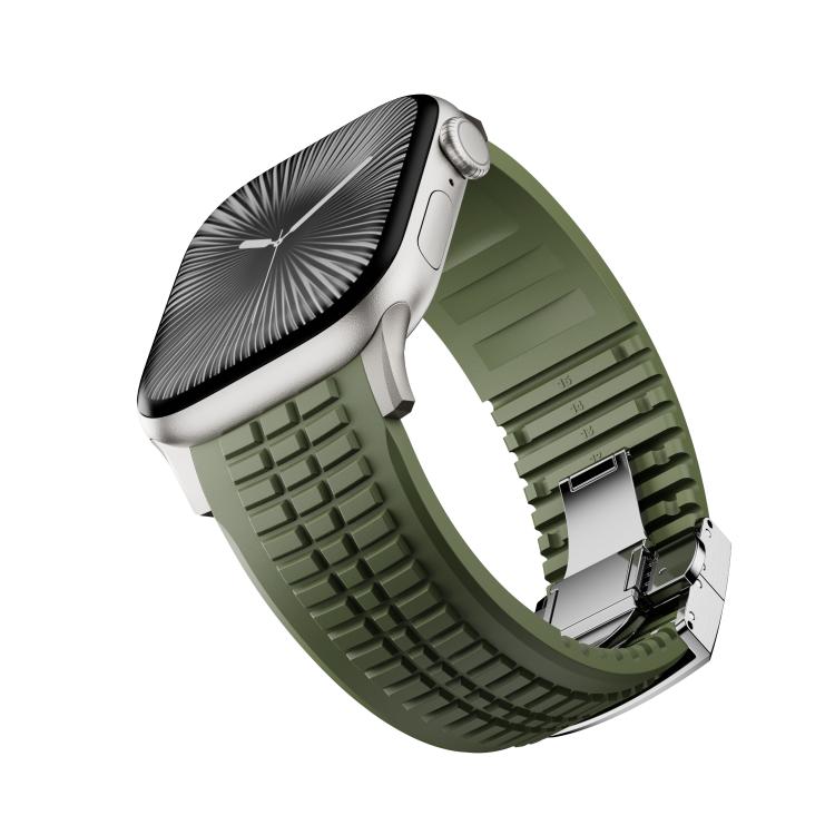 For Apple Watch 46mm / 49mm / 45mm / 44mm Knurled Texture Folding Buckle Silicone Watch Band(Titanium Green)