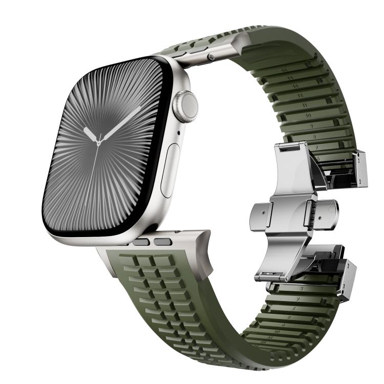 For Apple Watch 46mm / 49mm / 45mm / 44mm Knurled Texture Folding Buckle Silicone Watch Band(Titanium Green)