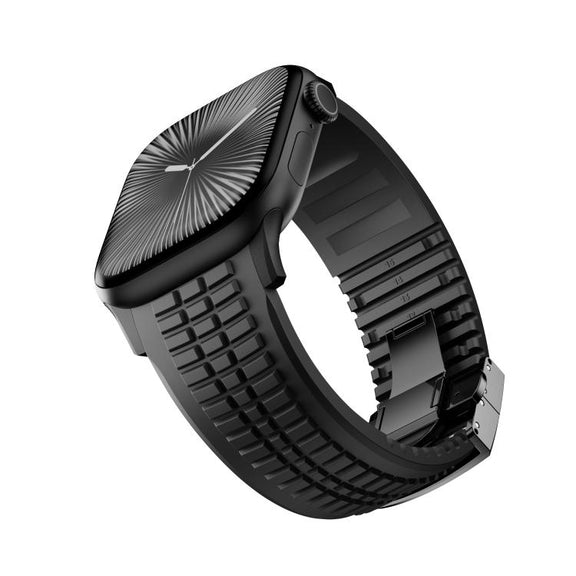 For Apple Watch 46mm / 49mm / 45mm / 44mm Knurled Texture Folding Buckle Silicone Watch Band(Black Black)