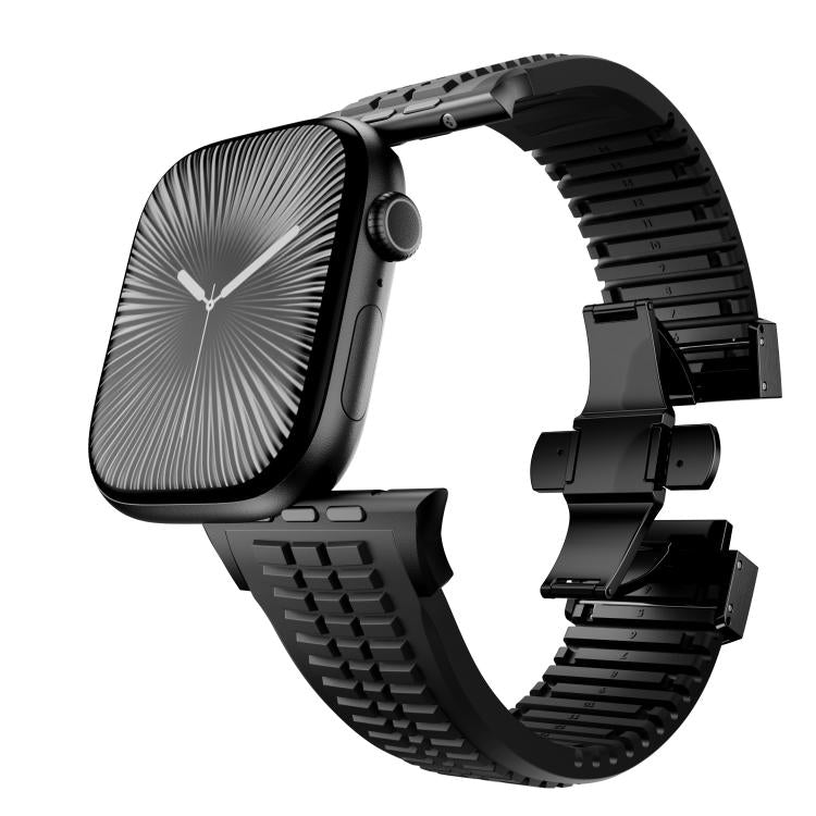 For Apple Watch 46mm / 49mm / 45mm / 44mm Knurled Texture Folding Buckle Silicone Watch Band(Black Black)