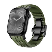 For Apple Watch 46mm / 49mm / 45mm / 44mm Knurled Texture Folding Buckle Silicone Watch Band(Black Green)