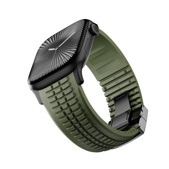 For Apple Watch 46mm / 49mm / 45mm / 44mm Knurled Texture Folding Buckle Silicone Watch Band(Black Green)