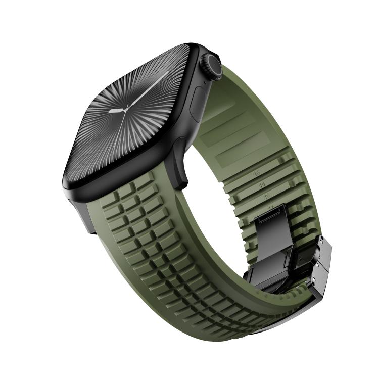For Apple Watch 46mm / 49mm / 45mm / 44mm Knurled Texture Folding Buckle Silicone Watch Band(Black Green)