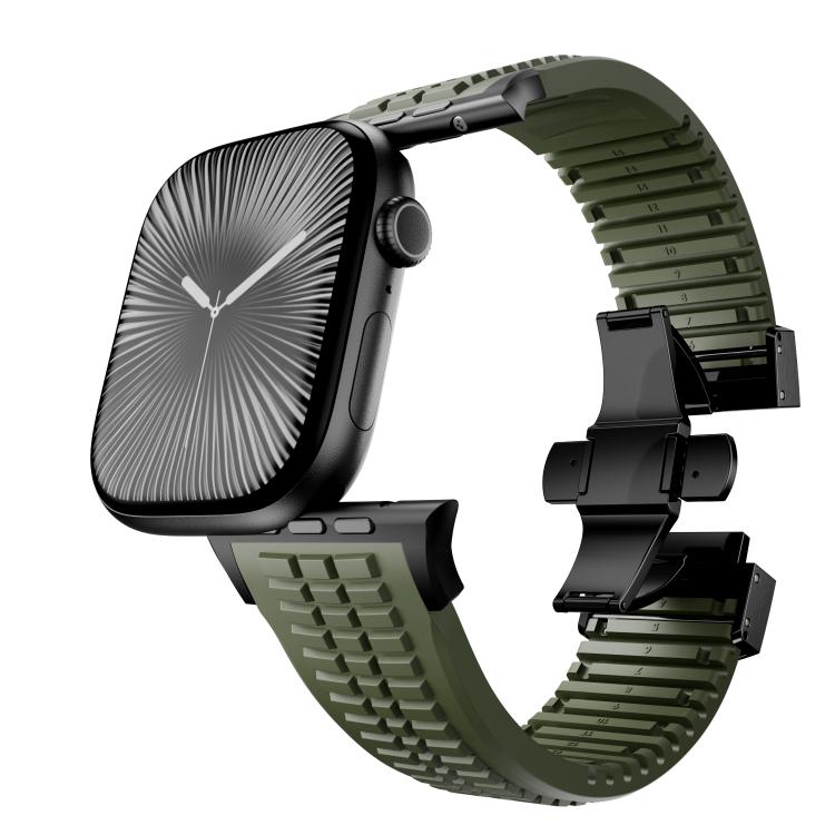 For Apple Watch 46mm / 49mm / 45mm / 44mm Knurled Texture Folding Buckle Silicone Watch Band(Black Green)