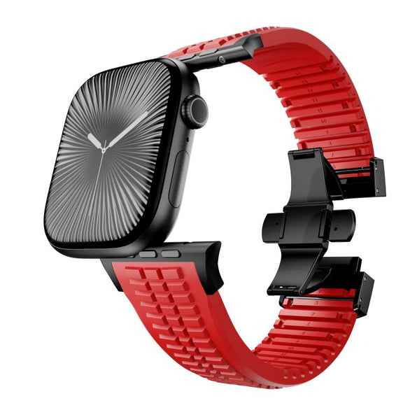 For Apple Watch 46mm / 49mm / 45mm / 44mm Knurled Texture Folding Buckle Silicone Watch Band(Black Red)
