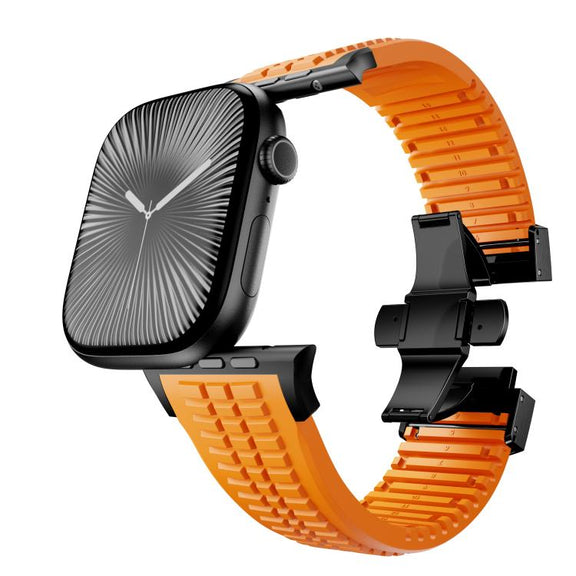 For Apple Watch 46mm / 49mm / 45mm / 44mm Knurled Texture Folding Buckle Silicone Watch Band(Black Orange)
