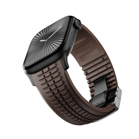 For Apple Watch 46mm / 49mm / 45mm / 44mm Knurled Texture Folding Buckle Silicone Watch Band(Black Curry)