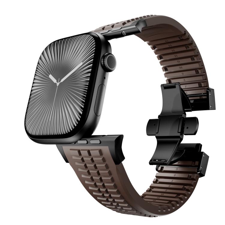 For Apple Watch 46mm / 49mm / 45mm / 44mm Knurled Texture Folding Buckle Silicone Watch Band(Black Curry)