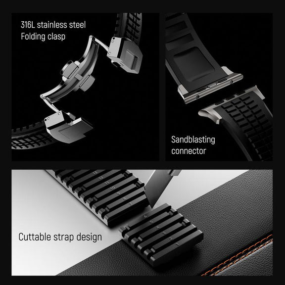 For Apple Watch 46mm / 49mm / 45mm / 44mm Knurled Texture Folding Buckle Silicone Watch Band(Titanium Black)