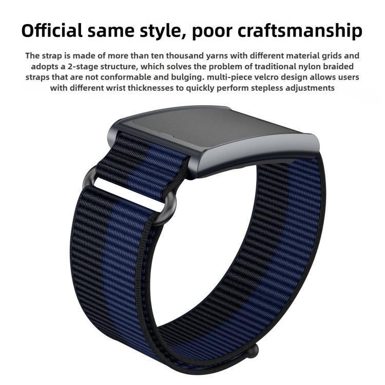 For Amazfit Helio Strap Metal Ring Two Sections Nylon Hook and Loop Fastener Watch Band(Deep Black)
