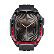For Apple Watch Series 10 46mm Scale Model Integrated Metal Frame Silicone Watch Band(Black Frame Black Red Dial)