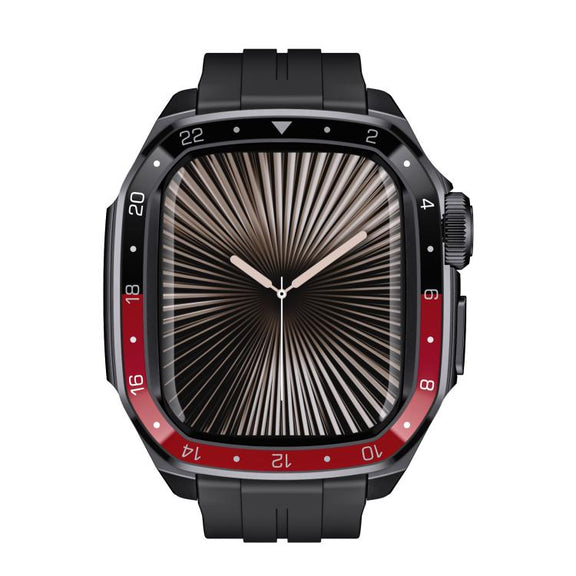 For Apple Watch Series 10 46mm Scale Model Integrated Metal Frame Silicone Watch Band(Black Frame Black Red Dial)