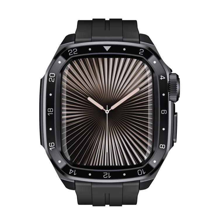 For Apple Watch Series 10 46mm Scale Model Integrated Metal Frame Silicone Watch Band(Black Frame Black Dial)