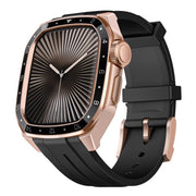 For Apple Watch Series 10 46mm Scale Model Integrated Metal Frame Silicone Watch Band(Rose Gold Frame Black Dial)