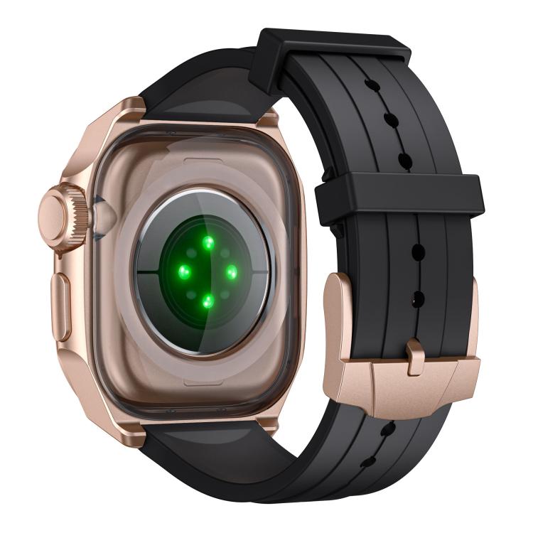 For Apple Watch Series 10 46mm Scale Model Integrated Metal Frame Silicone Watch Band(Rose Gold Frame Black Dial)