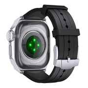 For Apple Watch Series 10 46mm Scale Model Integrated Metal Frame Silicone Watch Band(Silver Frame Black Blue Dial)