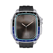 For Apple Watch Series 10 46mm Scale Model Integrated Metal Frame Silicone Watch Band(Silver Frame Black Blue Dial)