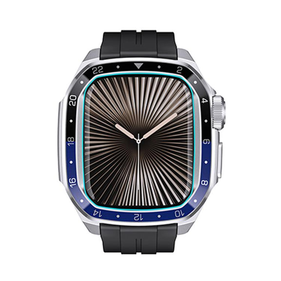 For Apple Watch Series 10 46mm Scale Model Integrated Metal Frame Silicone Watch Band(Silver Frame Black Blue Dial)