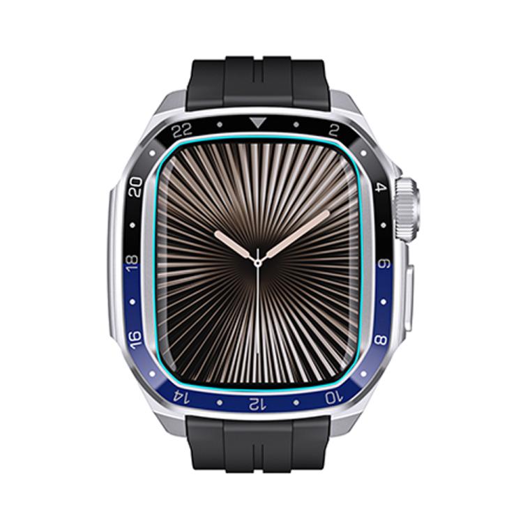 For Apple Watch Series 10 46mm Scale Model Integrated Metal Frame Silicone Watch Band(Silver Frame Black Blue Dial)
