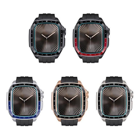 For Apple Watch Series 10 46mm Scale Model Integrated Metal Frame Silicone Watch Band(Rose Gold Frame Black Dial)