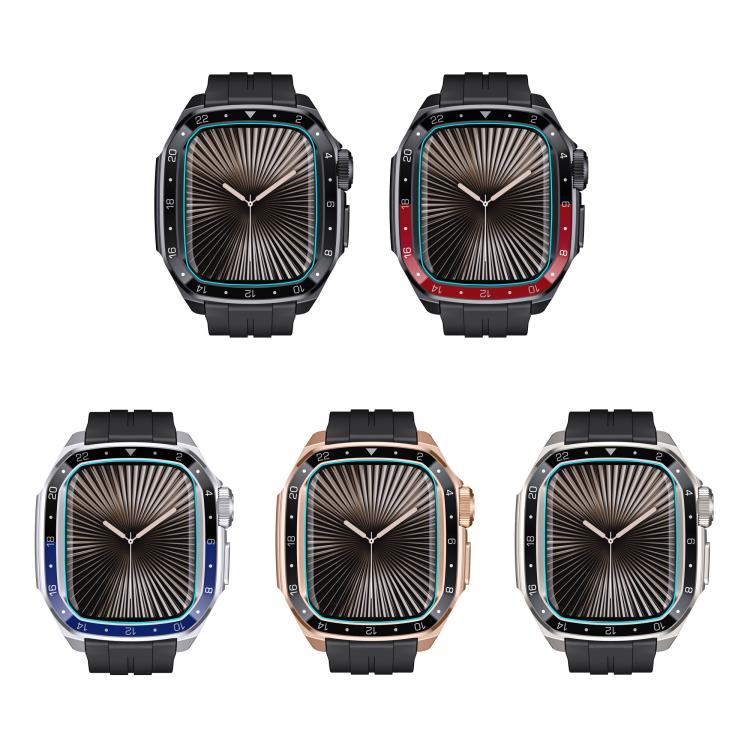 For Apple Watch Series 10 46mm Scale Model Integrated Metal Frame Silicone Watch Band(Black Frame Black Dial)
