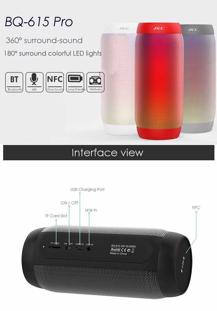 AEC BQ615 PRO Colorful LED Wireless HiFi Stereo Speaker, Combines Bluetooth + TF card player + FM radio + AUX + NFC - free shipping - PMC Jewellery - Order now!