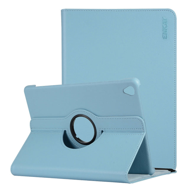ENKAY 360 Degree Rotation Lichi Texture Leather Case with Holder for HUAWEI MediaPad M6 10.8 2019(Light Blue)