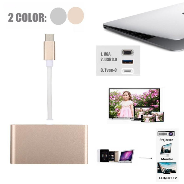 USB Type C to VGA 3-in-1 Hub Adapter supports USB Type C tablets and laptops for Macbook Pro / Google ChromeBook(Silver) - Cable & Adapters by PMC TechLife | Online Shopping South Africa | PMC TechLife