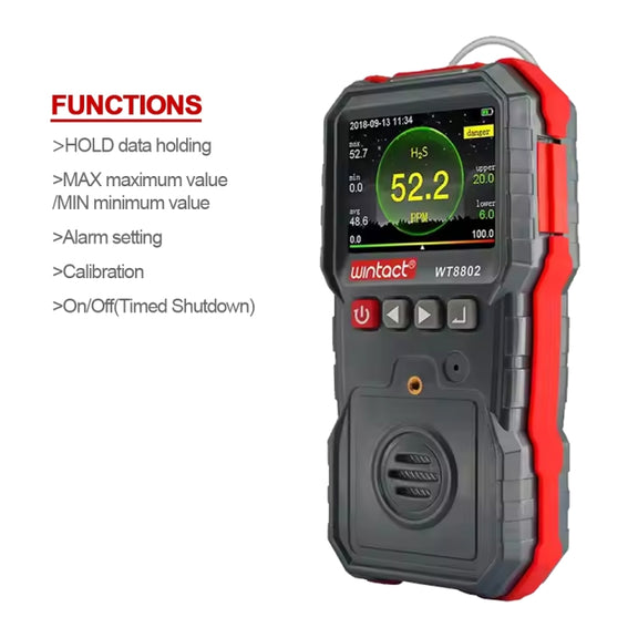 WINTACT WT8802 Hydrogen Sulfide Monitor Professional Rechargeable Gas Sensor High Sensitive Digital Sound-light Vibration Alarm H2S Detector